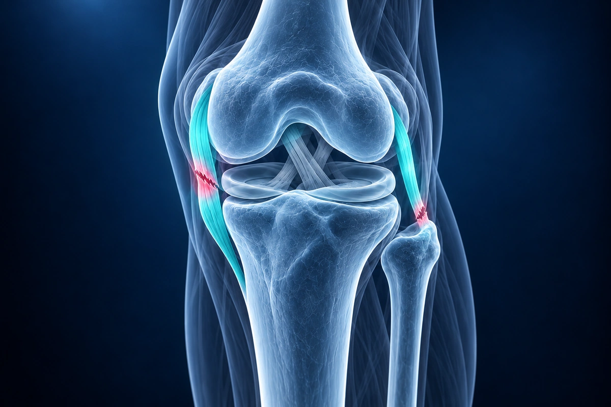 Ilustração do joelho com rupturas destacadas nos ligamentos de ambos os lados da articulação