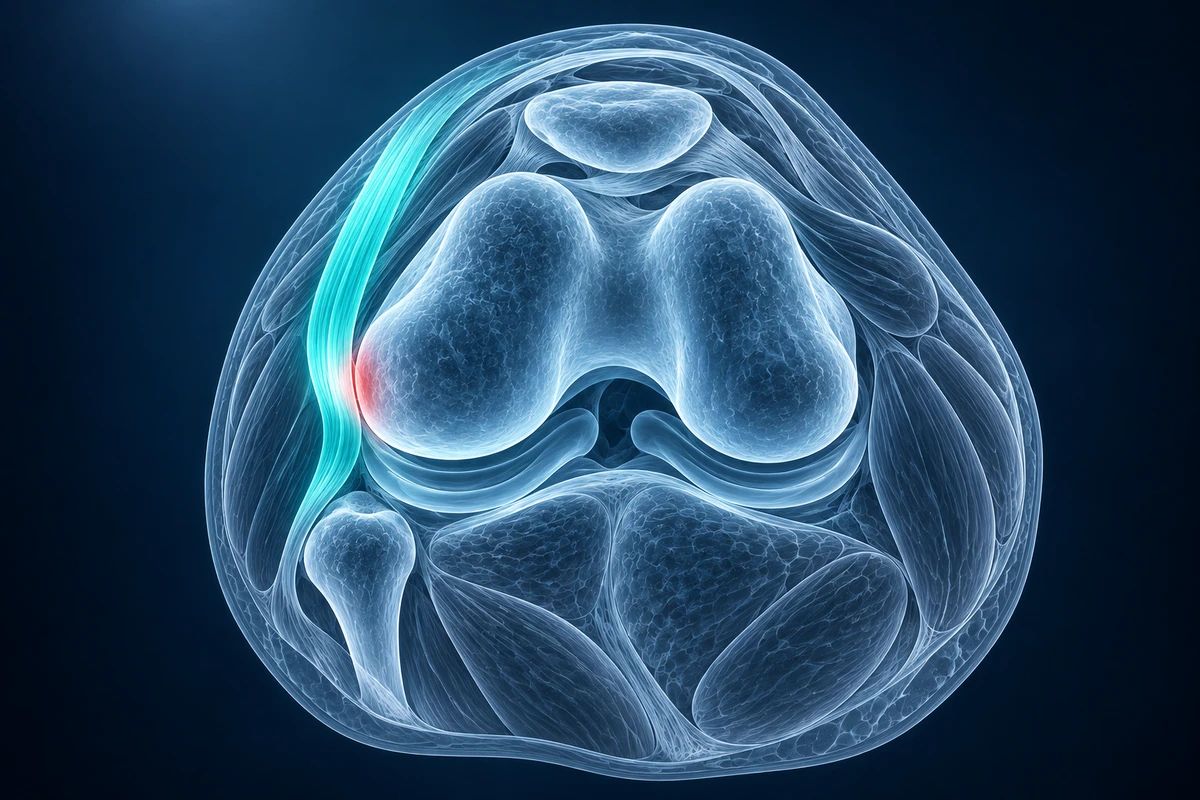 Ilustração do joelho com o trato iliotibial destacado no ponto em que roça o côndilo femoral externo