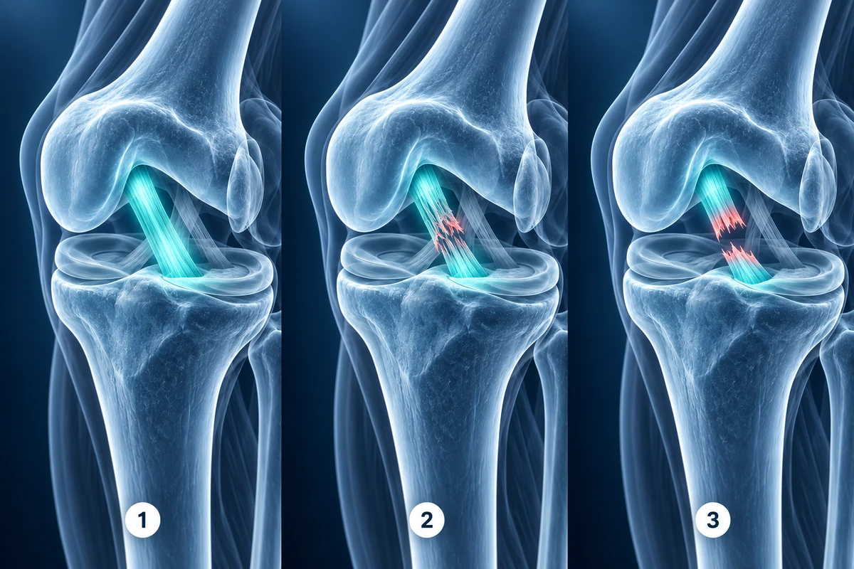 Rupturas do LCA de graus 1, 2 e 3 lado a lado: ligamento estirado, ruptura parcial e ruptura completa