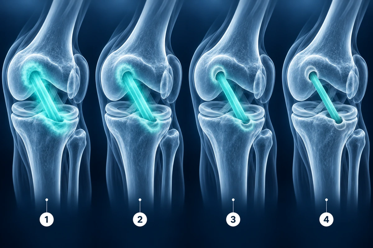ACL graft maturing over time, from a bright swollen graft in early weeks to a slim uniform ligament at 12 months