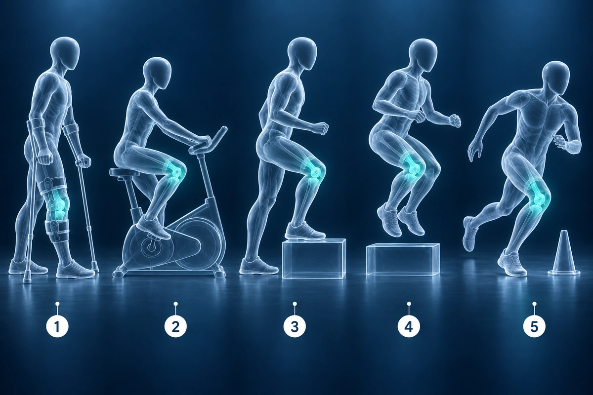ACL recovery timeline in five phases from crutches and brace to cycling, step-ups, jumps and cutting drills
