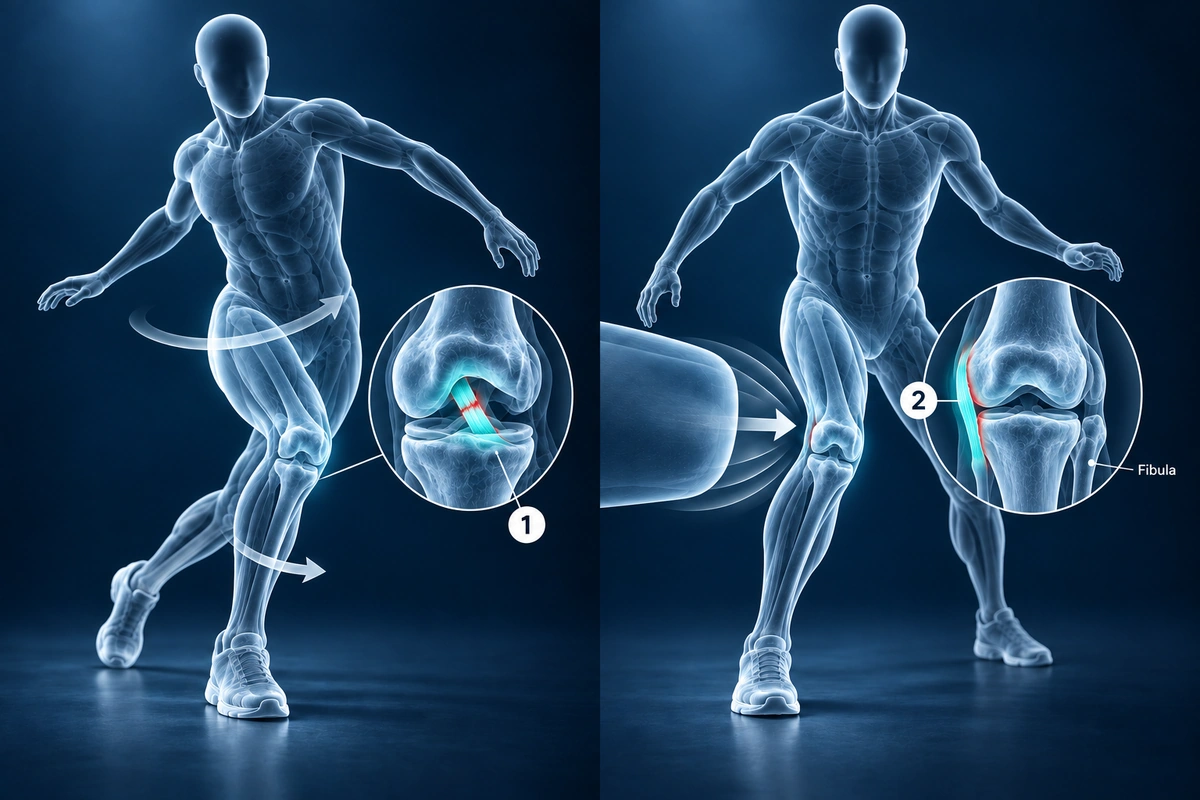 Duas figuras mostrando o giro sem contato por trás das rupturas do LCA e a pancada lateral por trás das rupturas do LCM