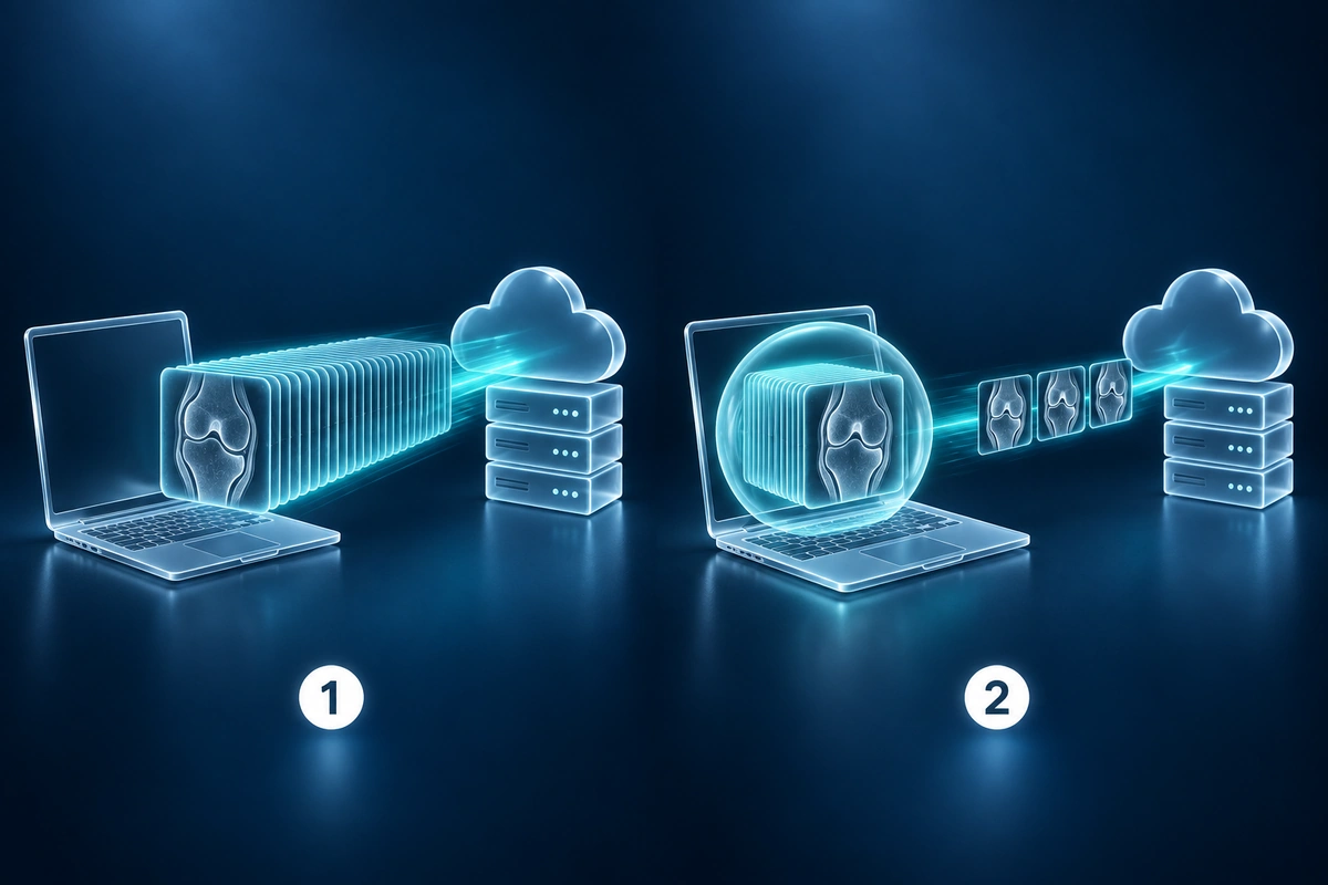 Exame DICOM completo enviado para uma segunda opinião radiológica versus apenas imagens renderizadas enviadas para a explicação de ressonância magnética por IA