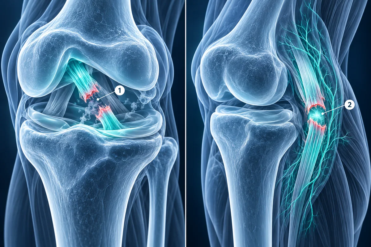 LCA rompido flutuando no líquido articular ao lado de um LCM rompido envolto por vasos sanguíneos, mostrando por que cicatrizam de forma diferente
