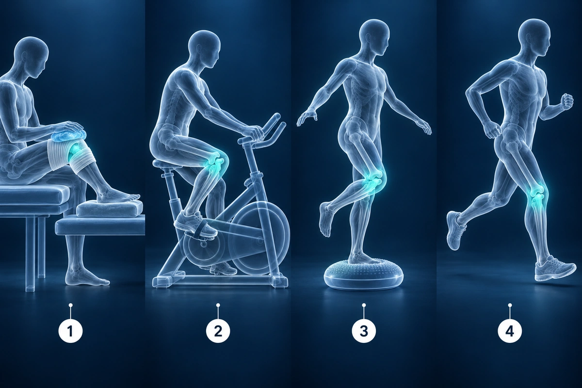 Protocolo conservador em quatro fases para lesão de menisco, do repouso e gelo até a bicicleta, o trabalho de equilíbrio e a corrida leve