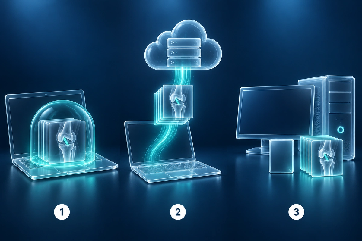 Três maneiras de abrir arquivos DICOM: visualizador local no navegador, visualizador com envio para a nuvem e aplicativo de desktop instalado
