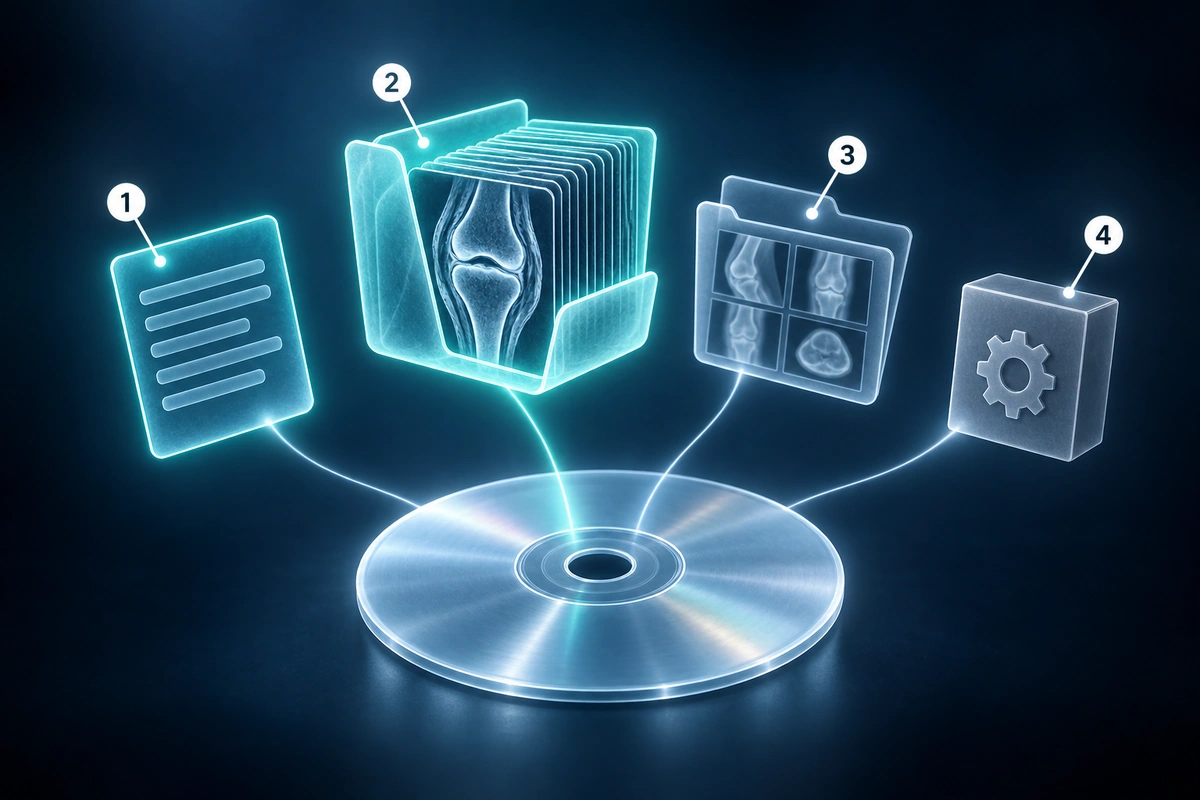 Вміст лікарняного CD-диска: покажчик DICOMDIR, папка із зображеннями DICOM, папка попереднього перегляду JPEG та додана програма-переглядач