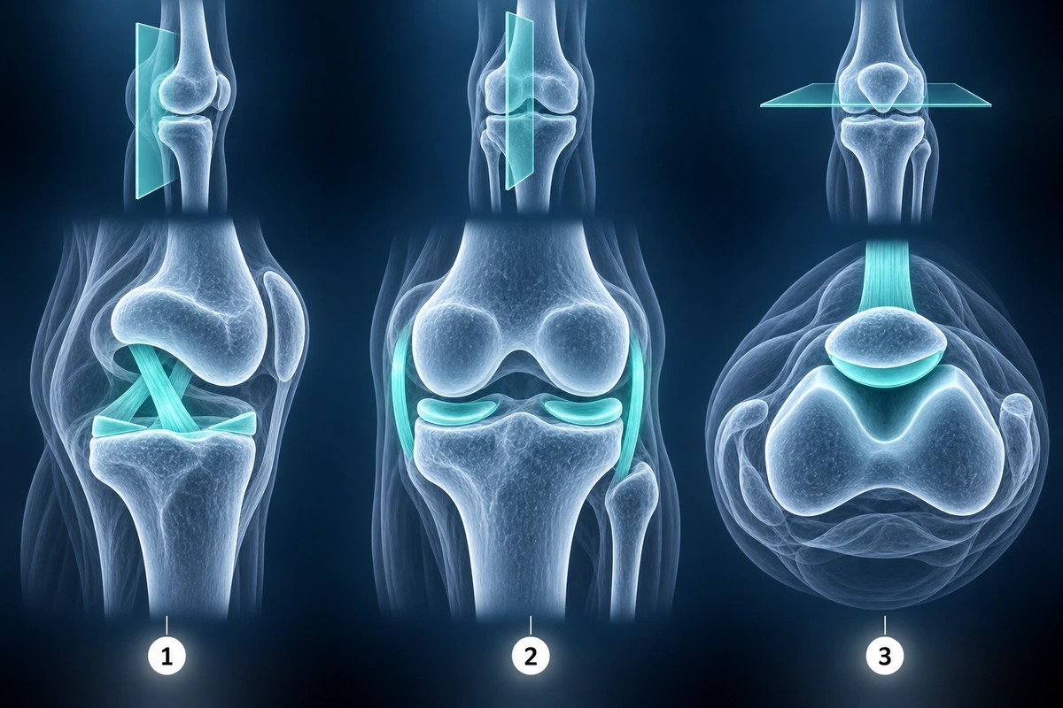 Planos sagital, coronal e axial da ressonância magnética do joelho, cada um com as estruturas que mostra melhor em destaque