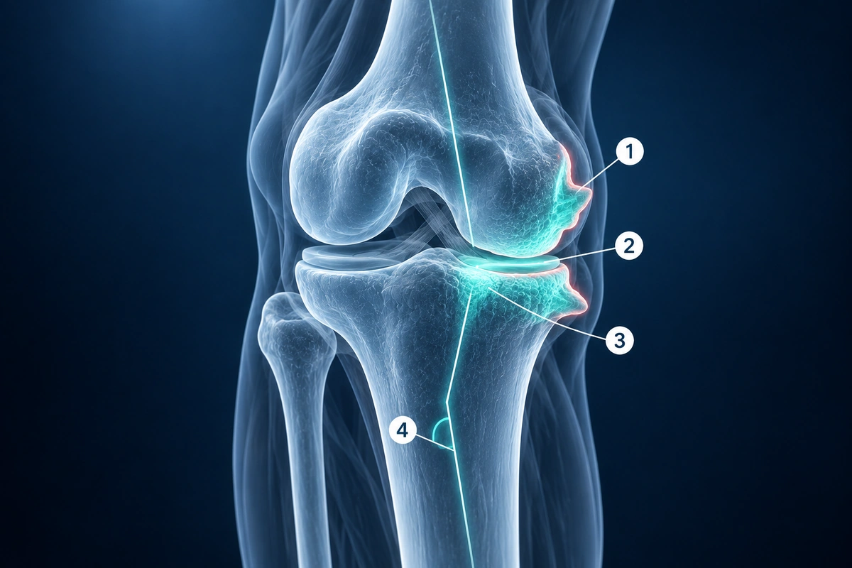 Osteoartrite grave do joelho com bicos ósseos, estreitamento do espaço articular, esclerose subcondral e deformidade em varo